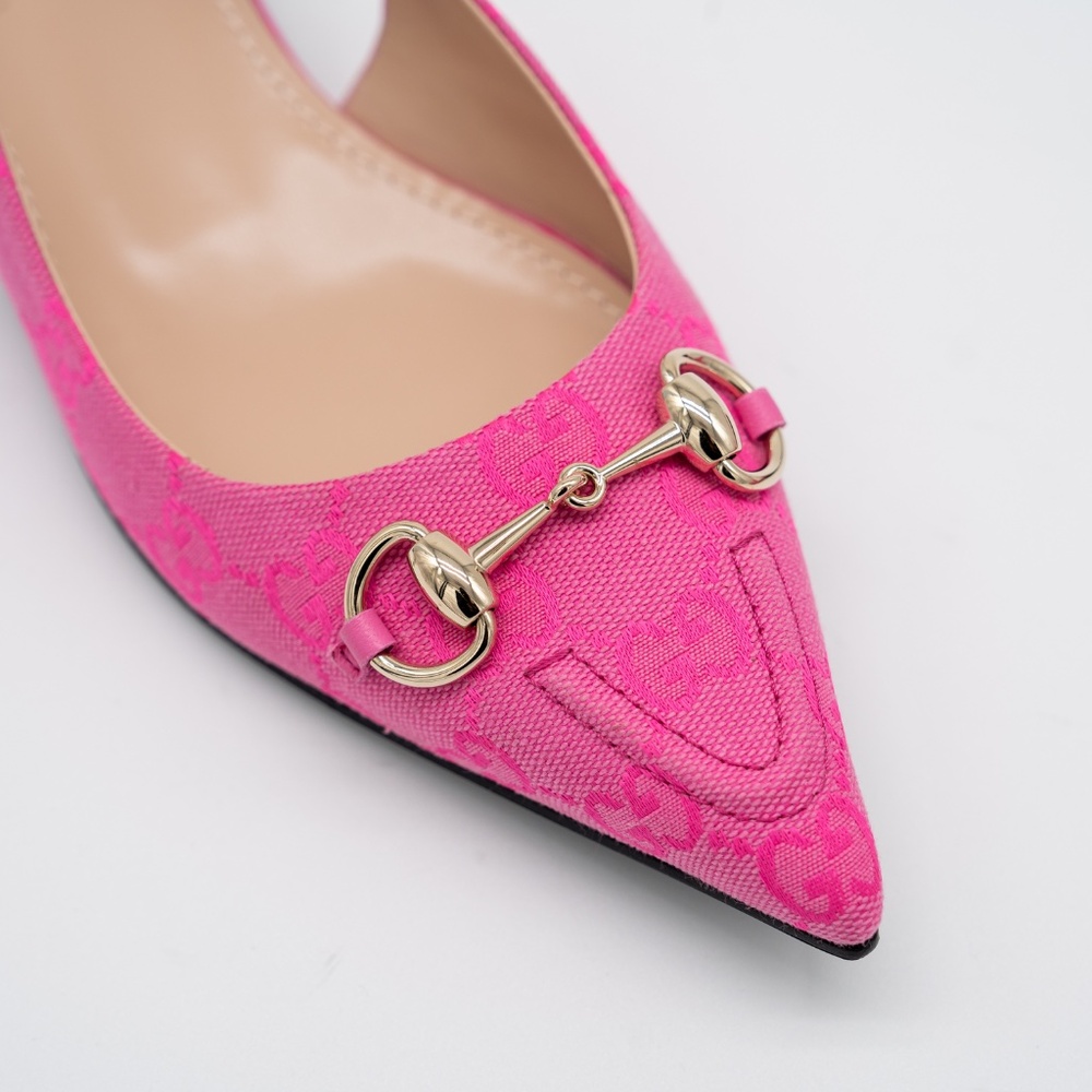 size 39.5G 9.5 US Gucci Horsebit Slingback Flat Pink GG Canvas - Picture 7 of 13